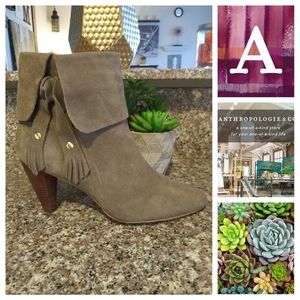 Anthropologie Suede Stacked Wood Heel Booties